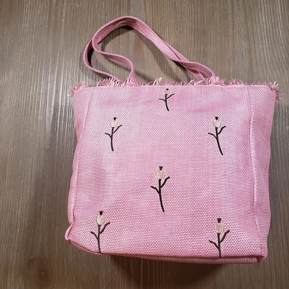 🌷 Vintage Woven Pink Purse with Embroidered Tulips and Gingham Interior